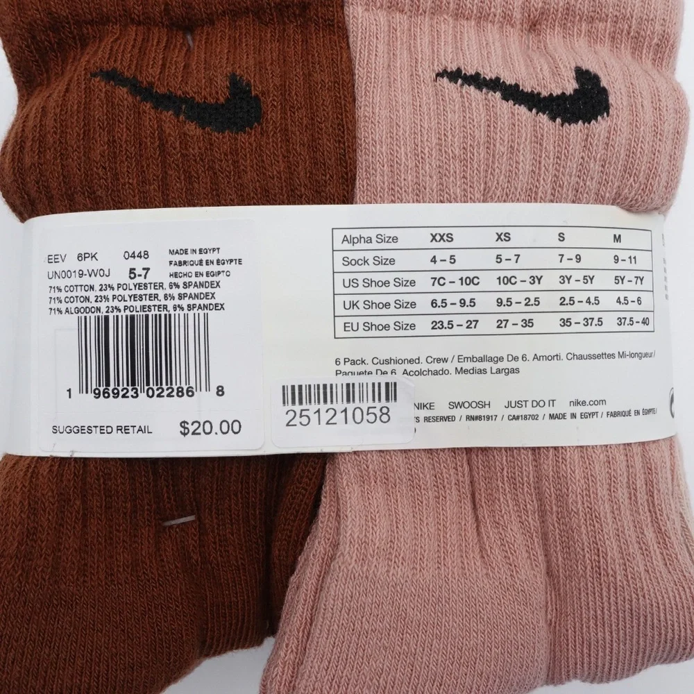 NEW Nike Dri-FIT Performance 6-Pack Crew Socks UN0019-W0J Little Kid's